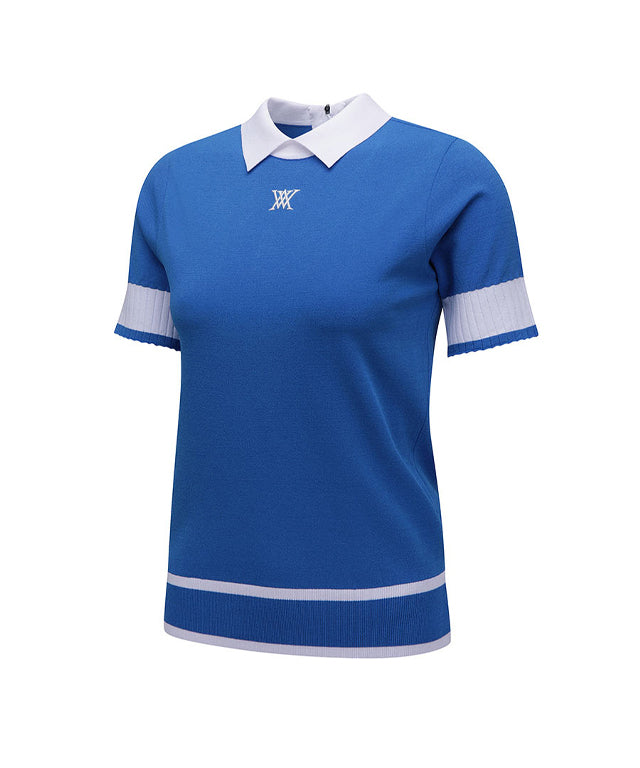 ANEW Golf Women Back Zipper Point Short Sweater in blue, featuring a stylish design with a back zipper and color-matching collar and sleeves.